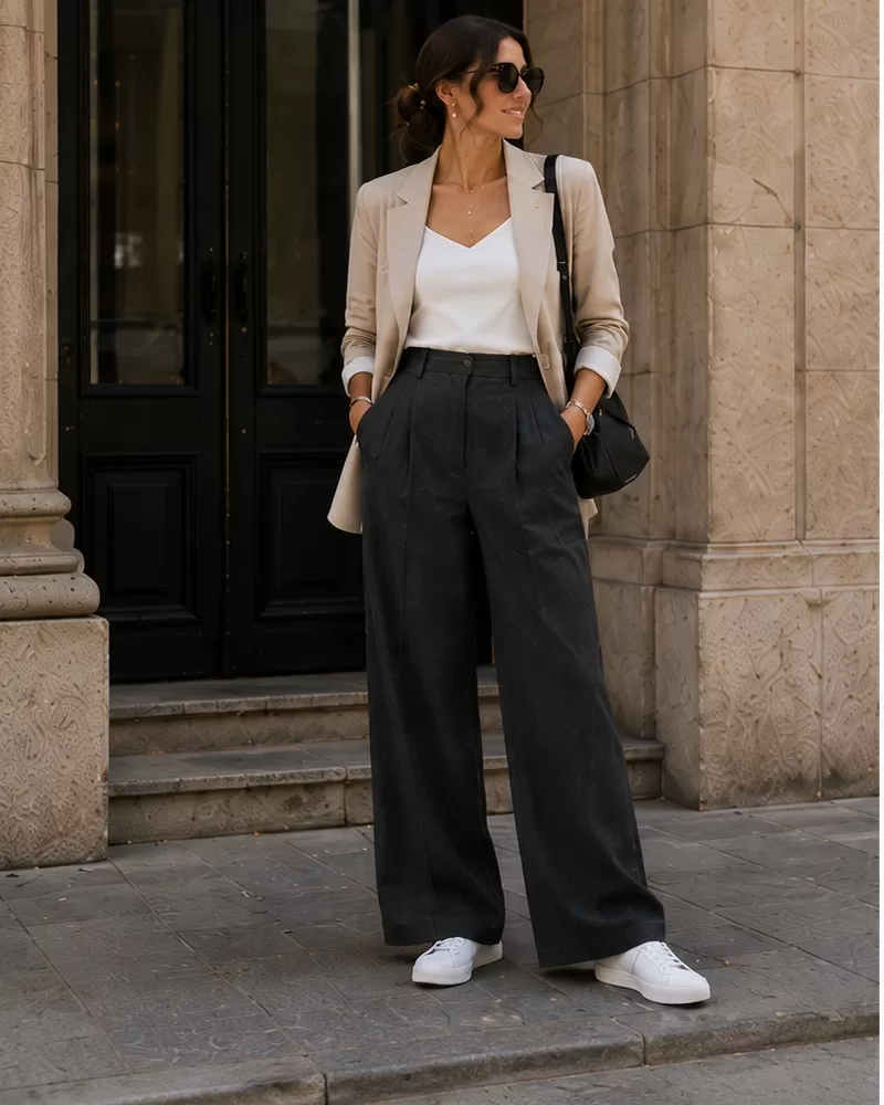 Beige Blazer + White Tank + Charcoal Wide Leg Pants + White Sneakers