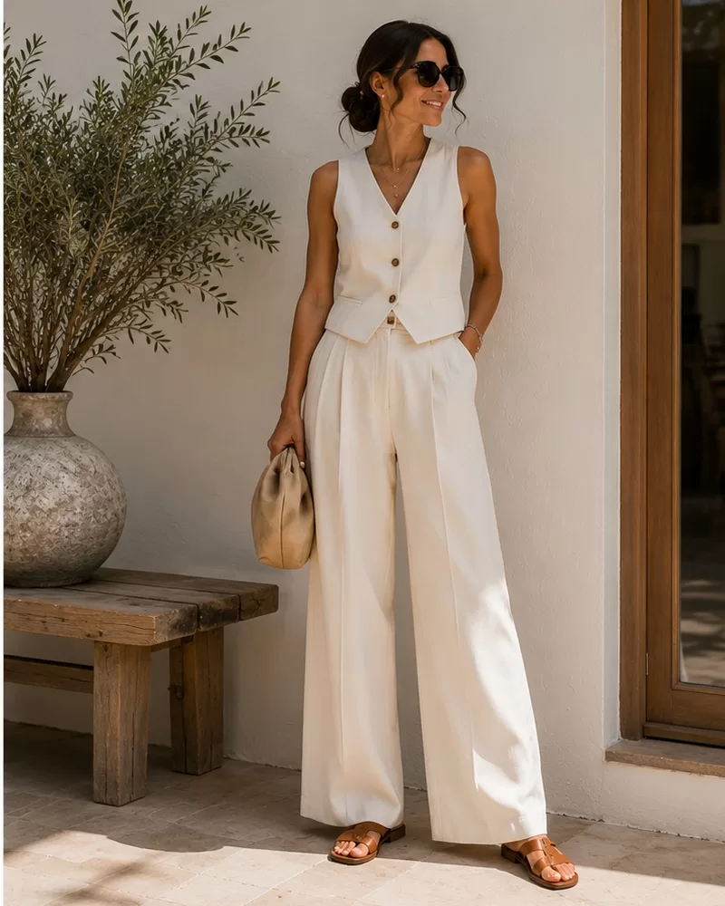Cream Vest Top + White Wide Leg Pants + Neutral Sandals