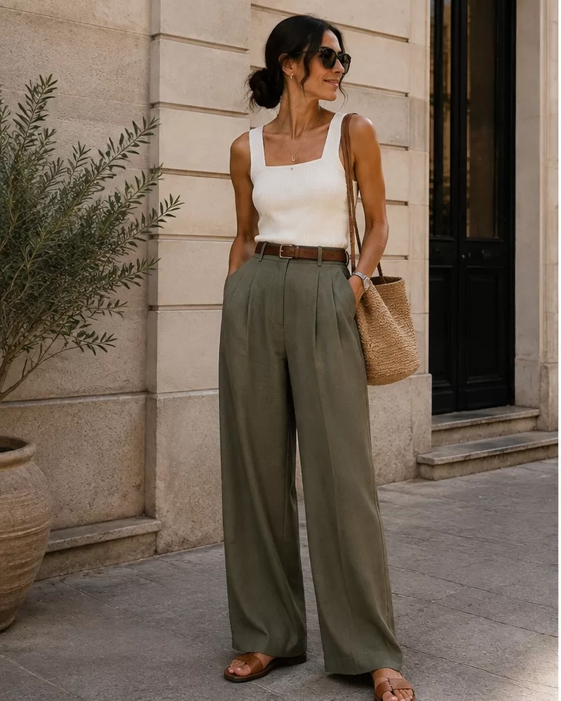 White Tank Top + Olive Wide Leg Pants + Brown Sandals