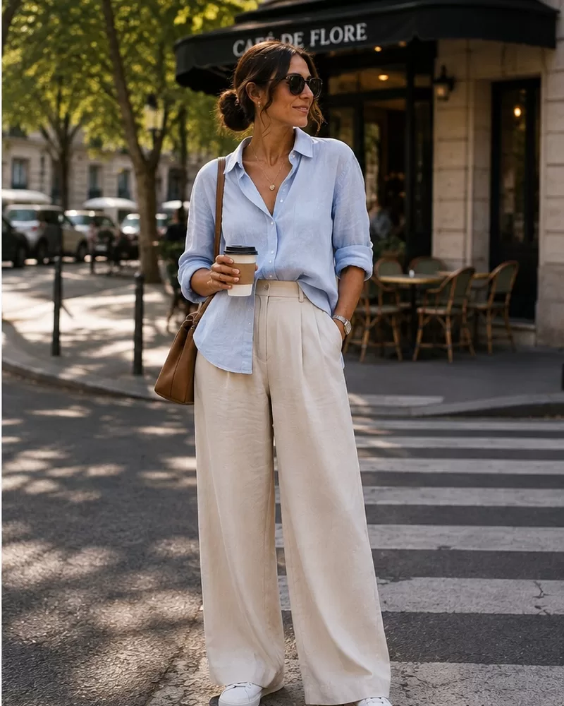 Light Blue Button-Down + Ivory Wide Leg Pants + White Sneakers