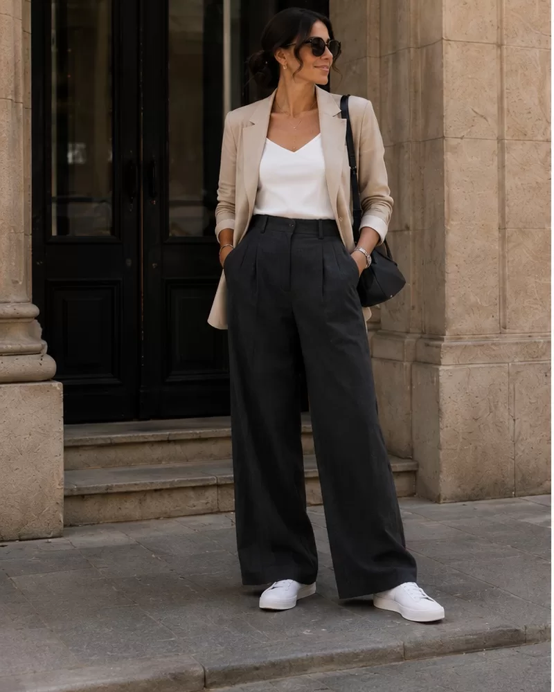Beige Blazer + White Tank + Charcoal Wide Leg Pants + White Sneakers