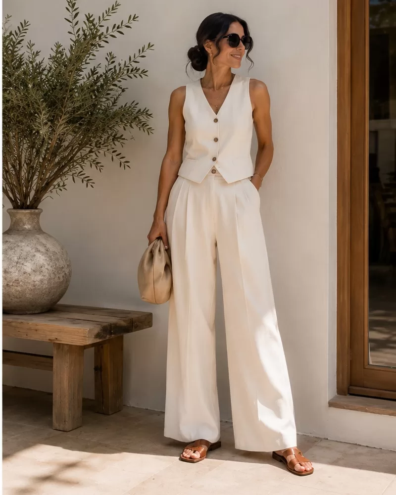 Ivory Vest Top + Ivory Wide Leg Pants + Brown Sandals