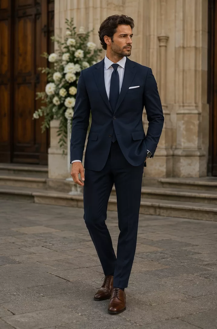 Navy Suit + White Shirt + Brown Leather Shoes