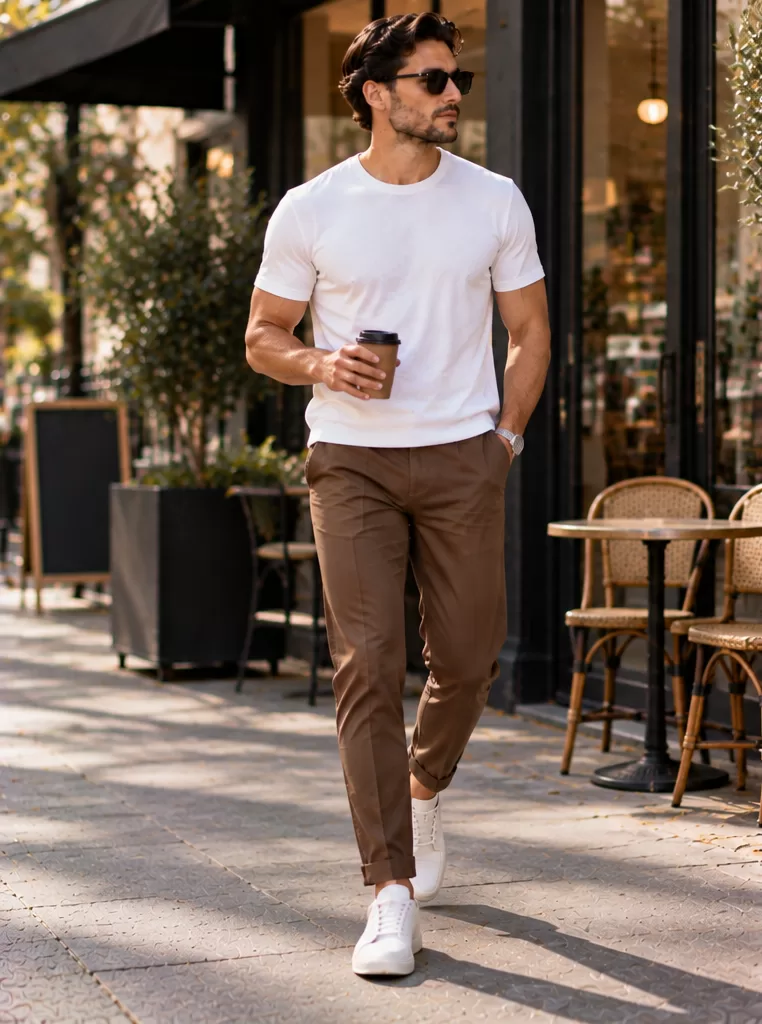Brown Chinos + White T-Shirt + White Sneakers