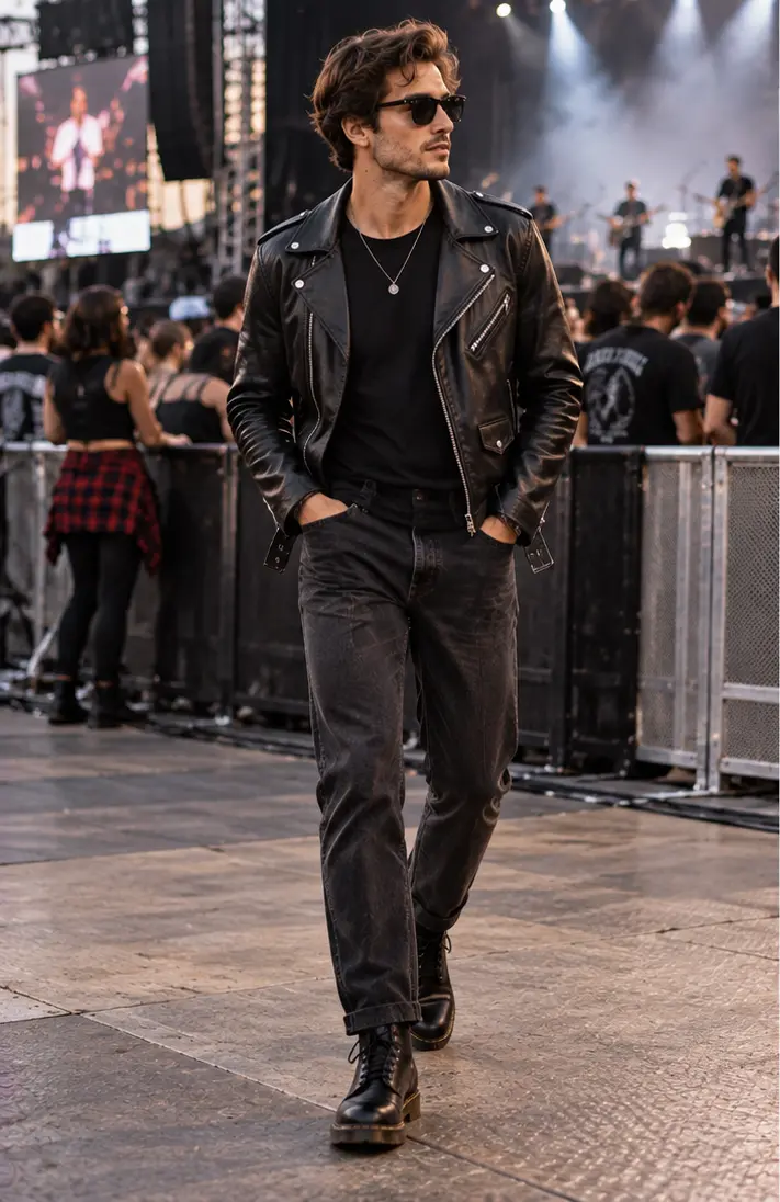 Black T-Shirt + Straight Jeans + Leather Jacket + Boots
