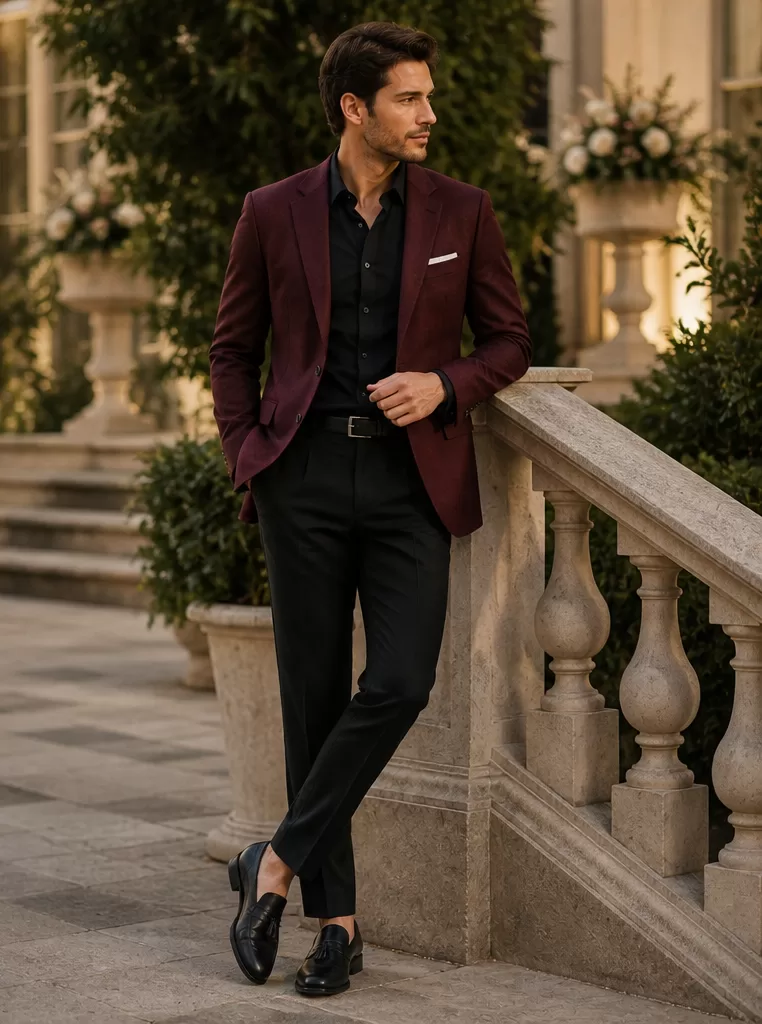 Burgundy Blazer + Black Trousers + Black Loafers