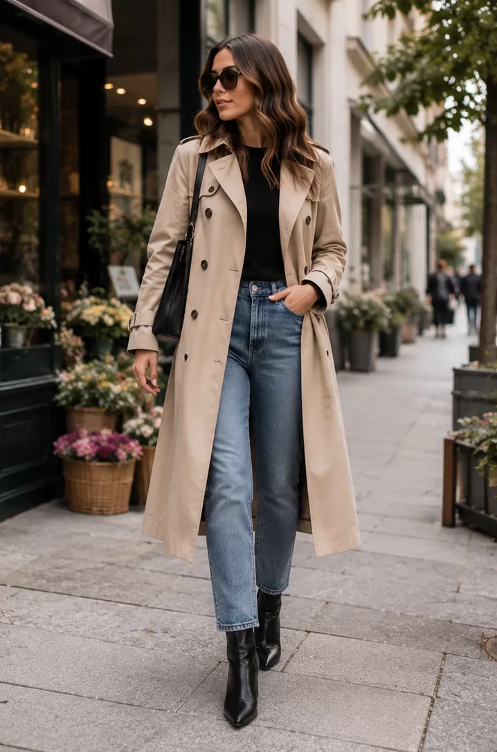 Trench Coat + Jeans + Heeled Boots
