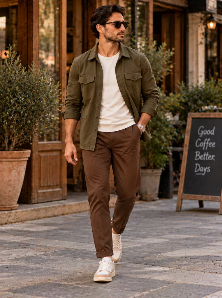 Brown Pants + Olive Overshirt + T-Shirt + Sneakers