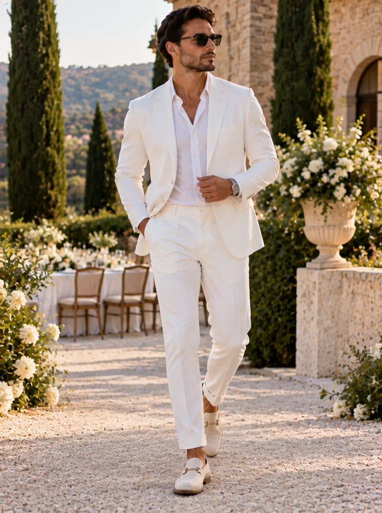 White Shirt + White Suit + Leather Loafers