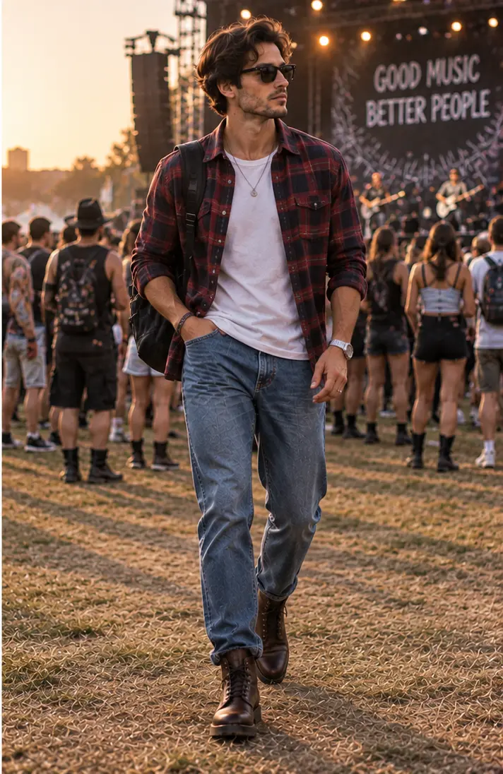 Flannel Shirt + T-Shirt + Jeans + Lace-Up Boots