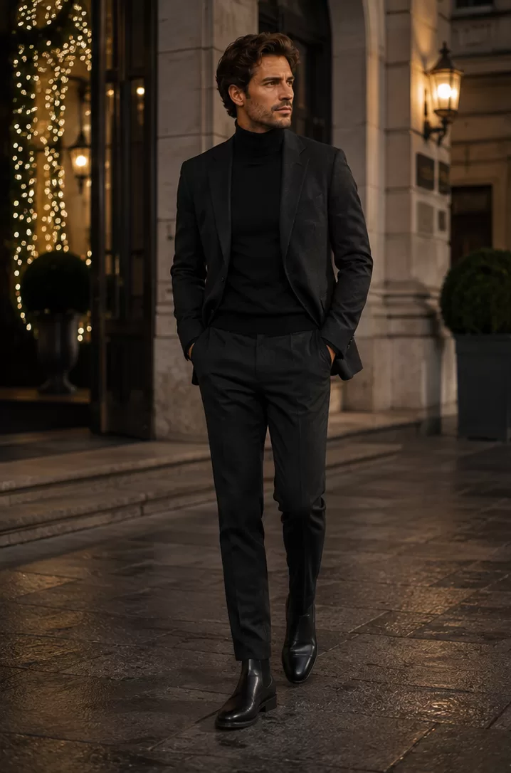 Turtleneck + Suit + Leather Boots