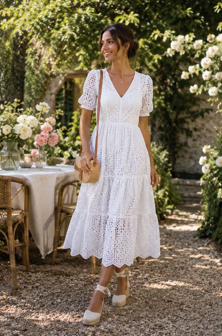White Eyelet Dress + Espadrilles + Crossbody Bag