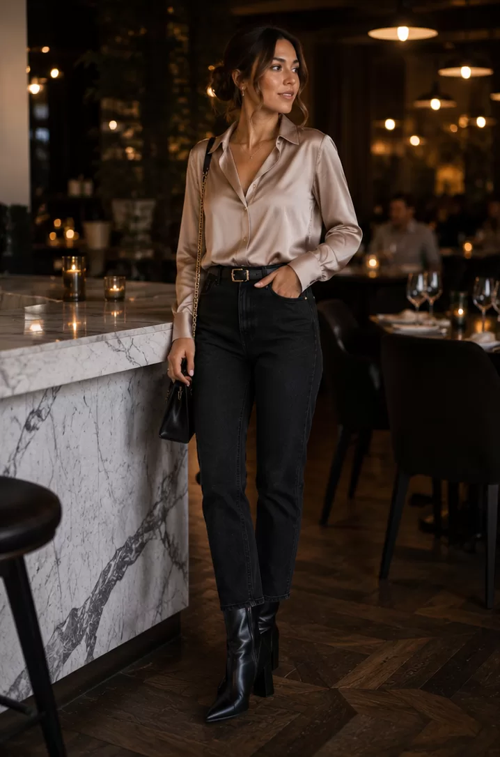 Satin Blouse + Dark Jeans + Heeled Boots
