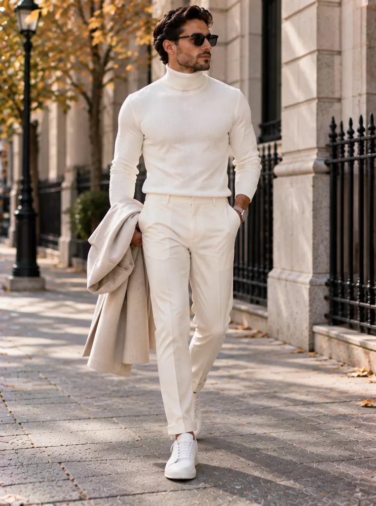White Turtleneck + Cream Trousers + White Sneakers