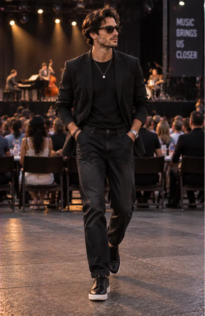 Black Blazer + Crewneck T-Shirt + Dark Jeans + Leather Sneakers