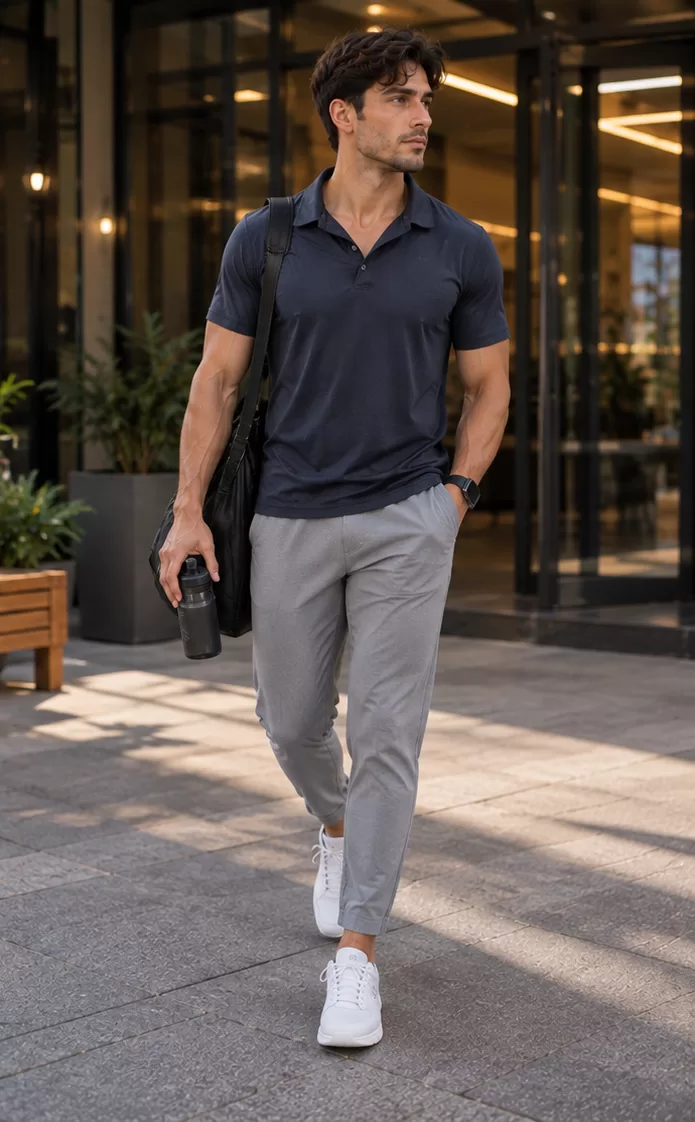 Polo-Style Performance Shirt + Tapered Pants + Clean Trainers