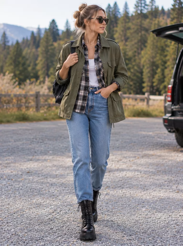 Combat Boots + Blue Jeans + Flannel Shirt + Utility Jacket