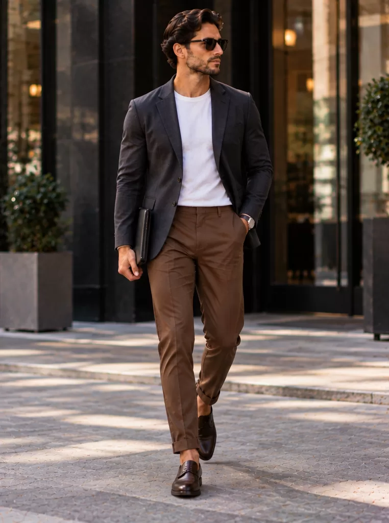 Brown Pants + Charcoal Blazer + Crewneck T-Shirt + Loafers