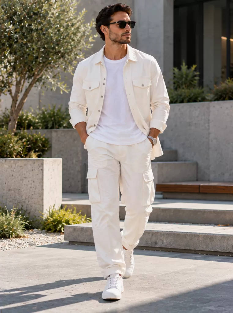 White Overshirt + White T-Shirt + Off-White Cargo Pants + Sneakers