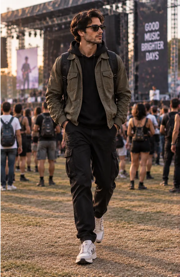 Utility Jacket + Hoodie + Black Pants + Sneakers