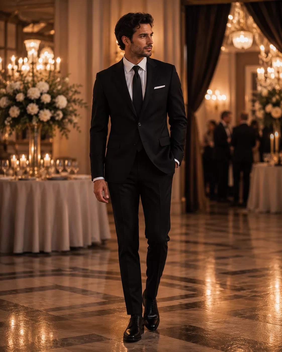 Black Suit + White Shirt + Black Leather Shoes