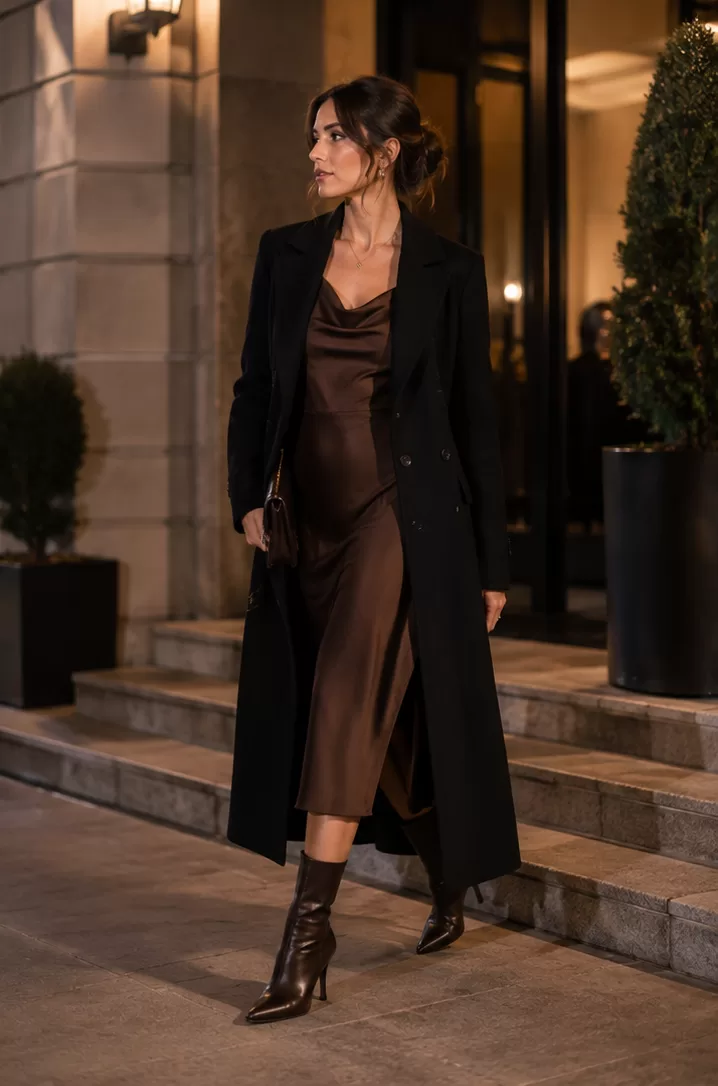 Midi Dress + Heeled Boots + Long Coat