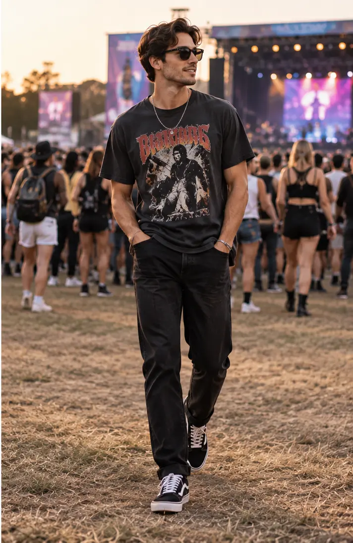 Graphic T-Shirt + Black Jeans + Sneakers