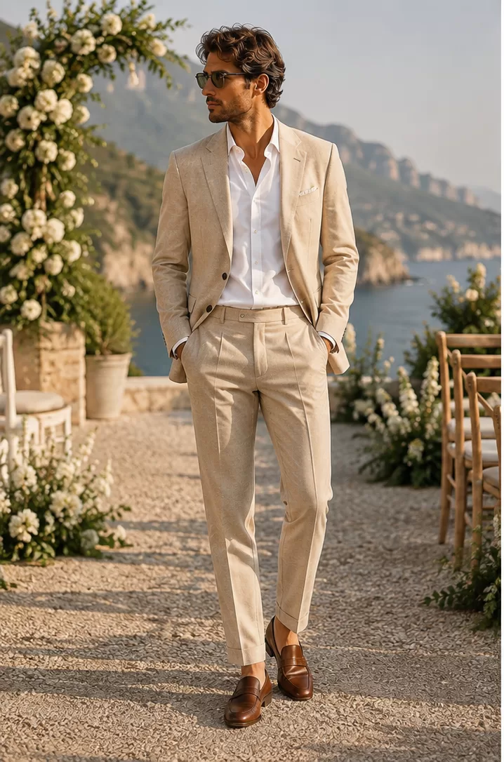 Beige Suit + White Shirt + Brown Loafers