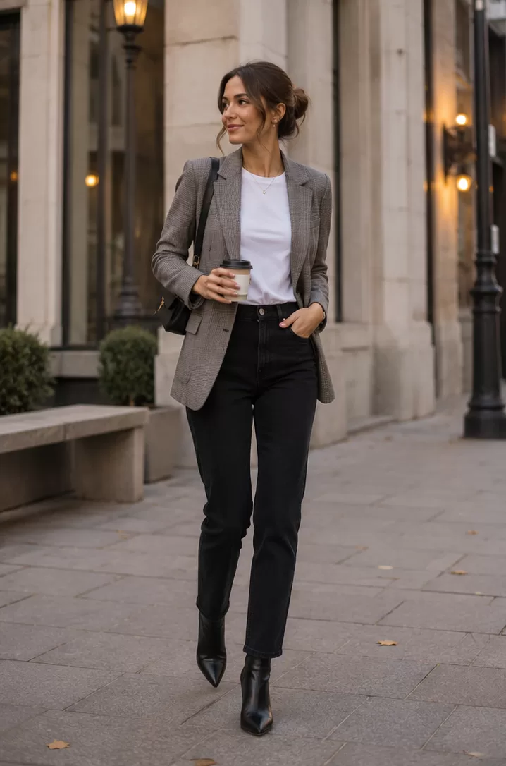 Blazer + T-Shirt + Black Jeans + Heeled Boots