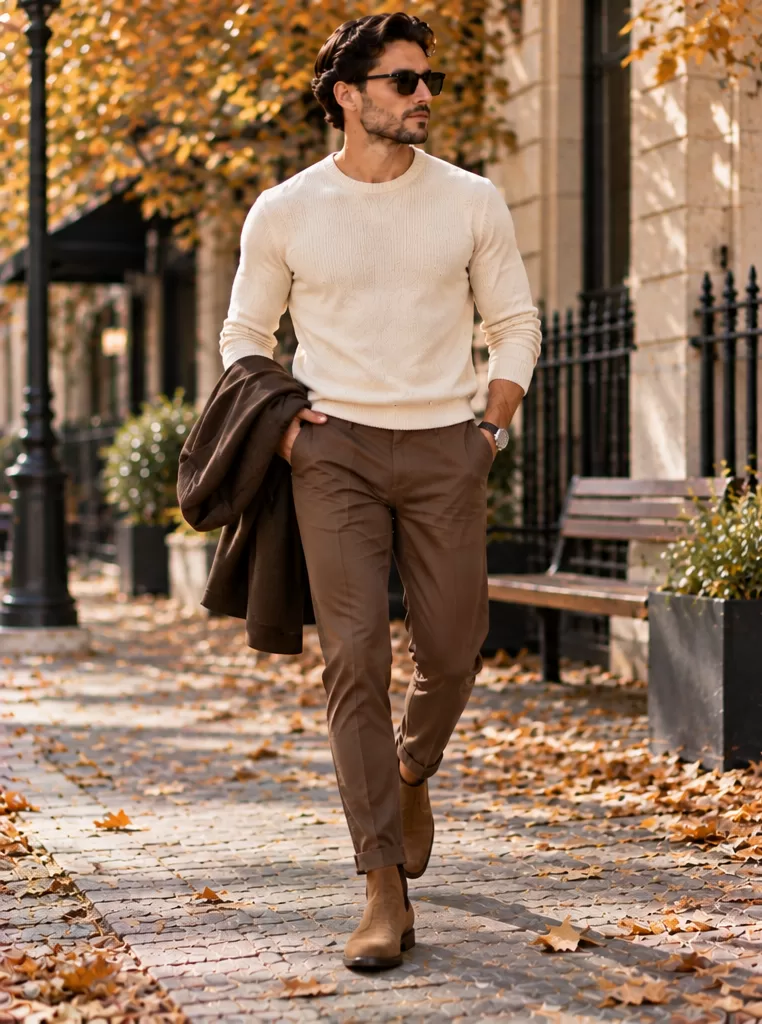 Brown Pants + Cream Sweater + Suede Boots