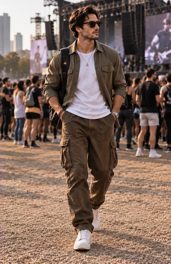 Overshirt + White T-Shirt + Cargo Pants + Sneakers
