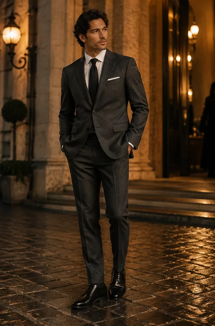 Charcoal Suit + Black Tie + Black Derby Shoes