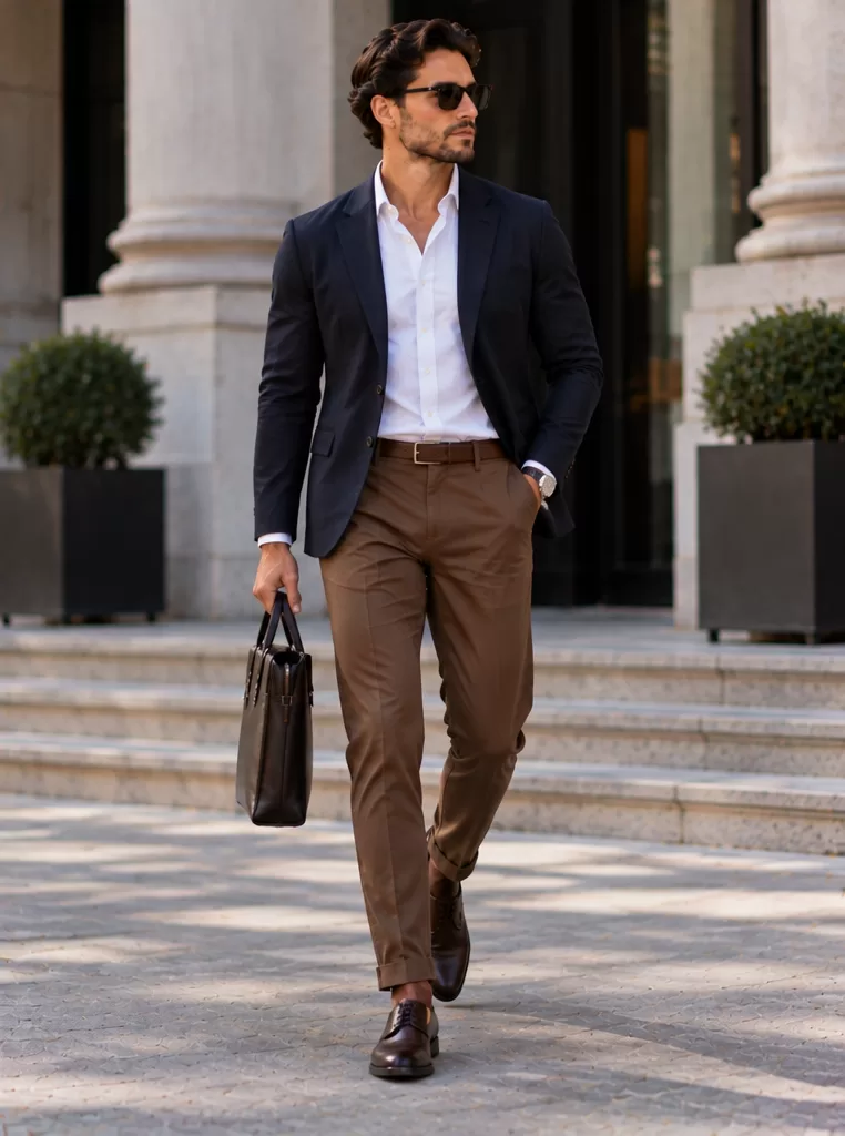 Brown Trousers + Navy Blazer + White Shirt + Derby Shoes