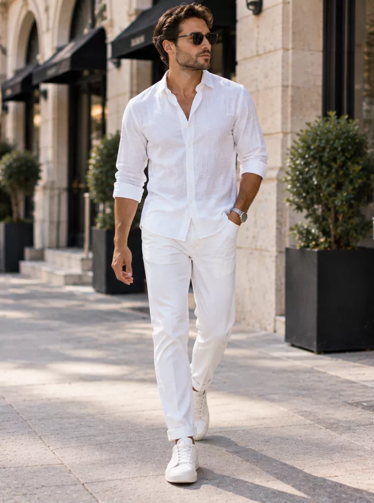 White Oxford Shirt + White Jeans + Minimal Sneakers