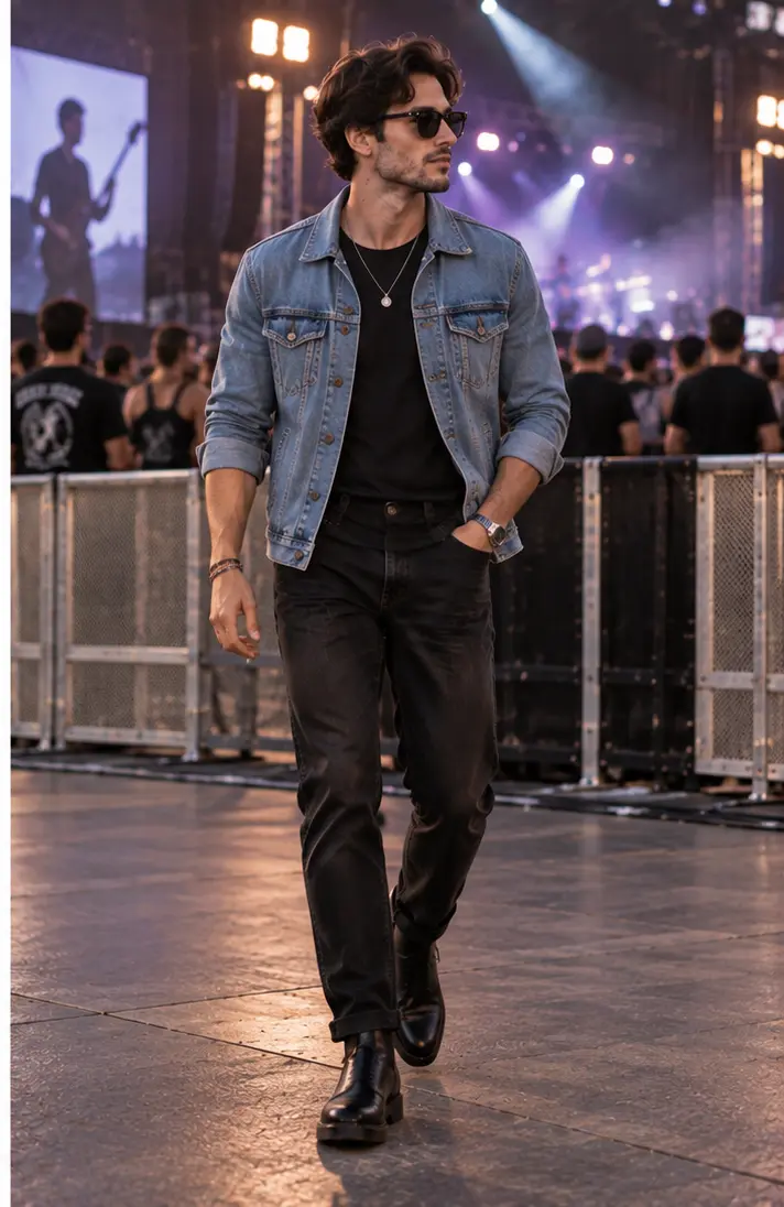 Denim Jacket + T-Shirt + Black Jeans + Chelsea Boots