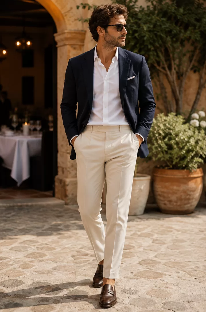 Blazer + Dress Trousers + Open-Collar Shirt + Loafers