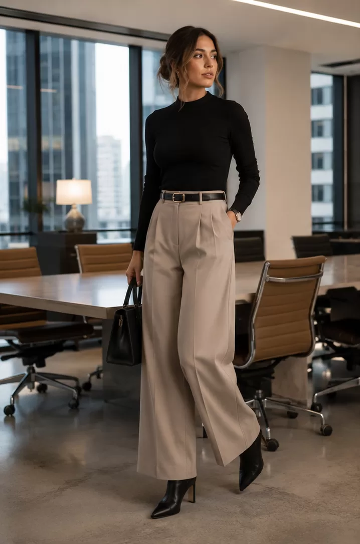 Wide-Leg Trousers + Slim Top + Pointed Heeled Boots