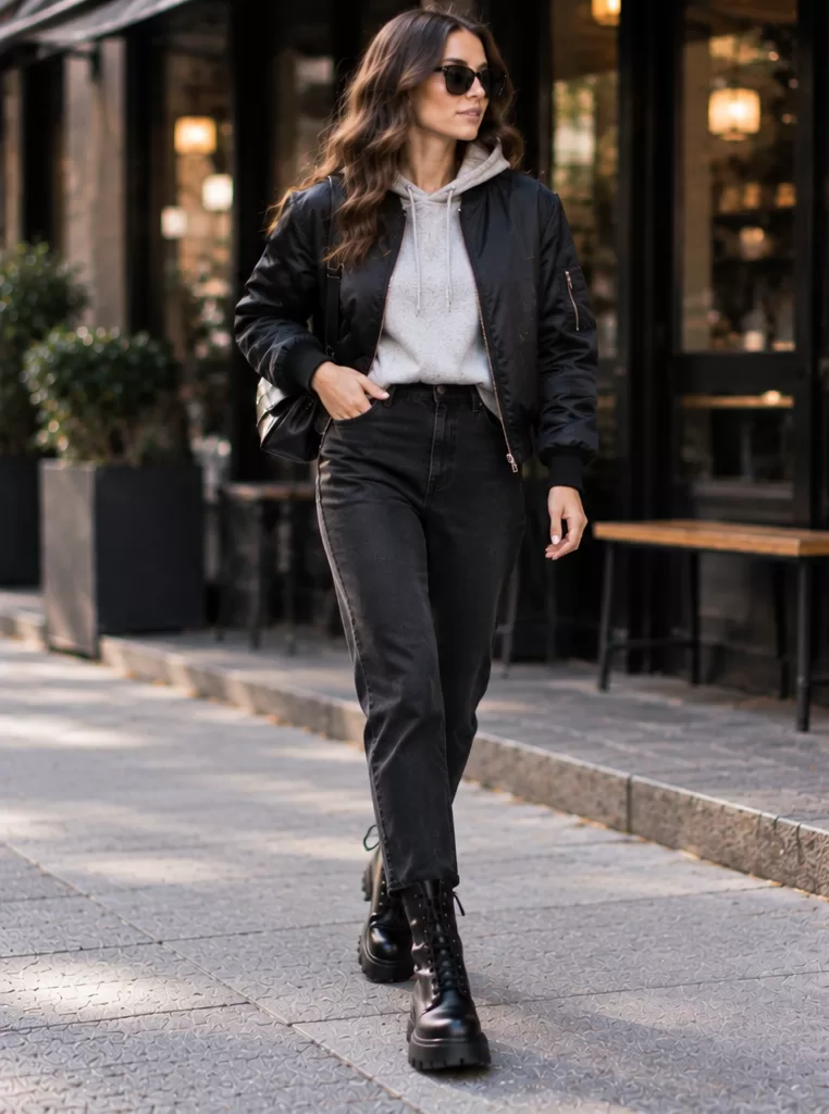 Combat Boots + Black Jeans + Hoodie + Bomber Jacket