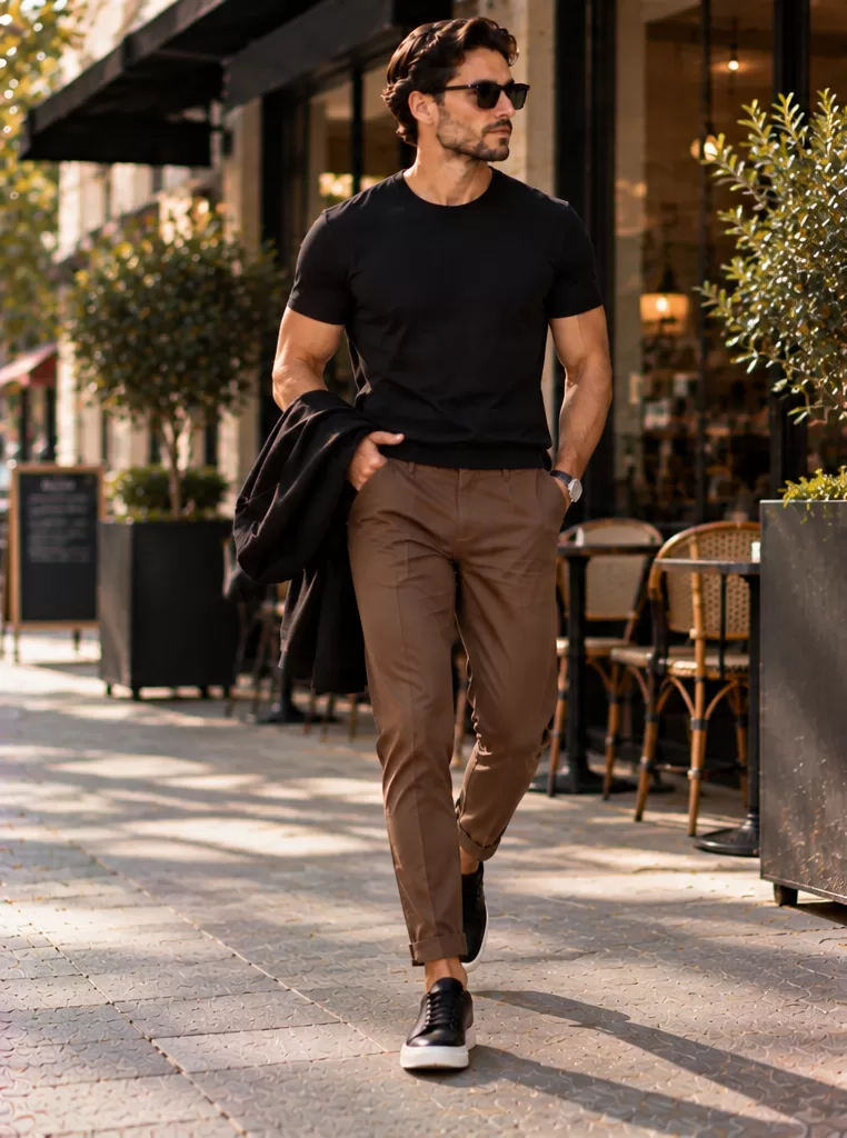 Brown Pants + Black T-Shirt + Leather Sneakers