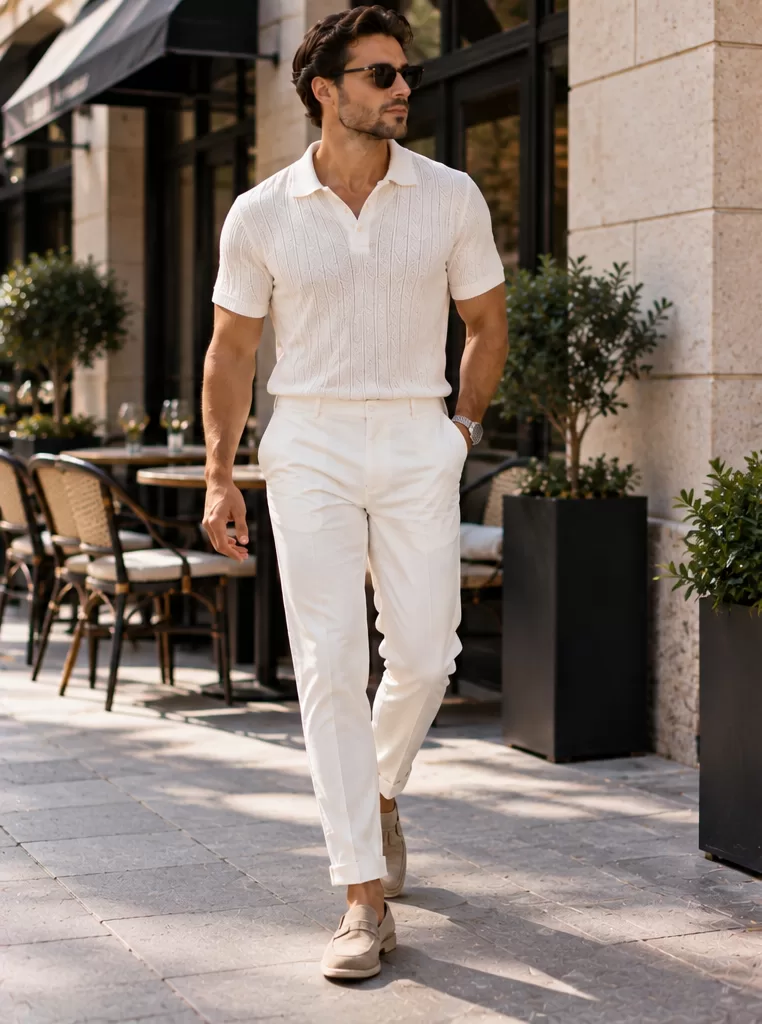 White Knit Polo + White Trousers + Suede Loafers