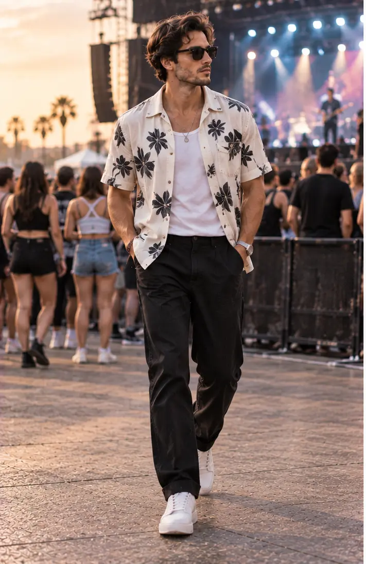 Camp-Collar Shirt + Black Trousers + Sneakers