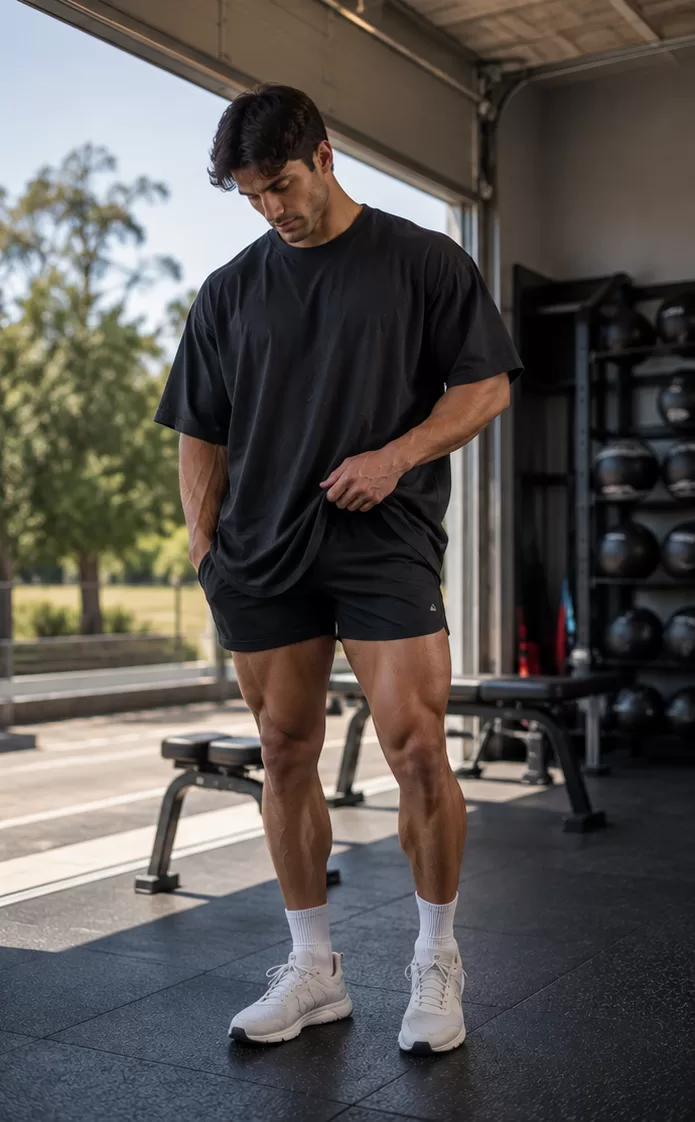 Oversized T-Shirt + Short Training Shorts + Sneakers