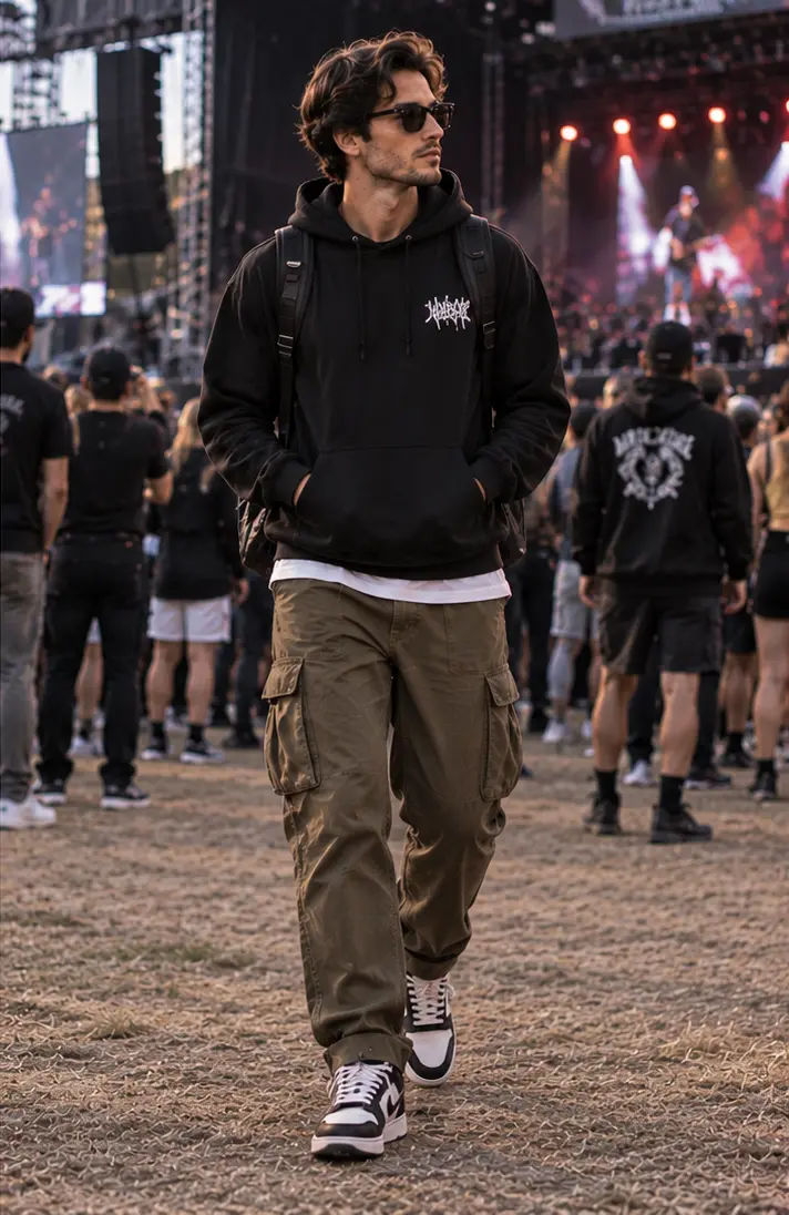 Hoodie + Cargo Pants + Retro Sneakers