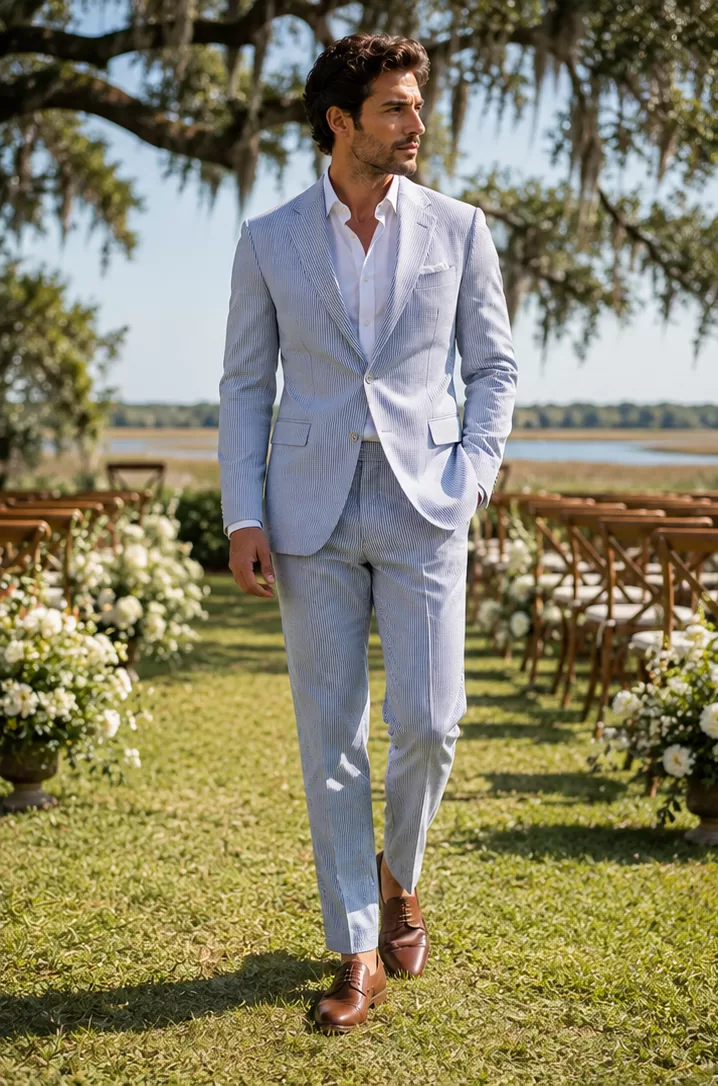 Seersucker Suit + White Shirt + Brown Loafers