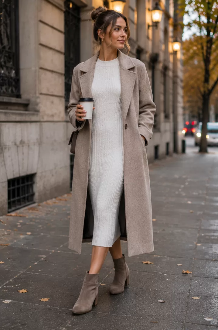White Knit Dress + Ankle Boots + Long Coat