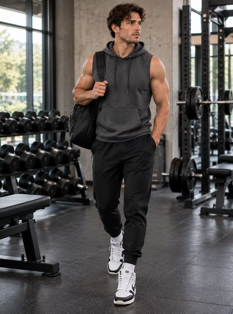 Sleeveless Hoodie + Joggers + High-Top Trainers