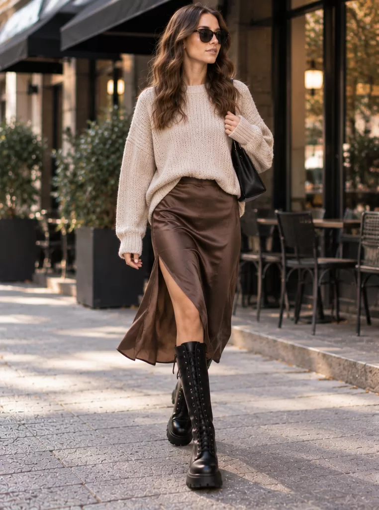 Knee High Combat Boots + Slip Skirt + Oversized Knit