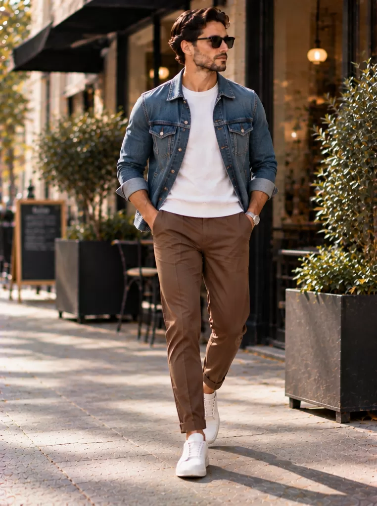 Brown Pants + Denim Jacket + White T-Shirt + Sneakers