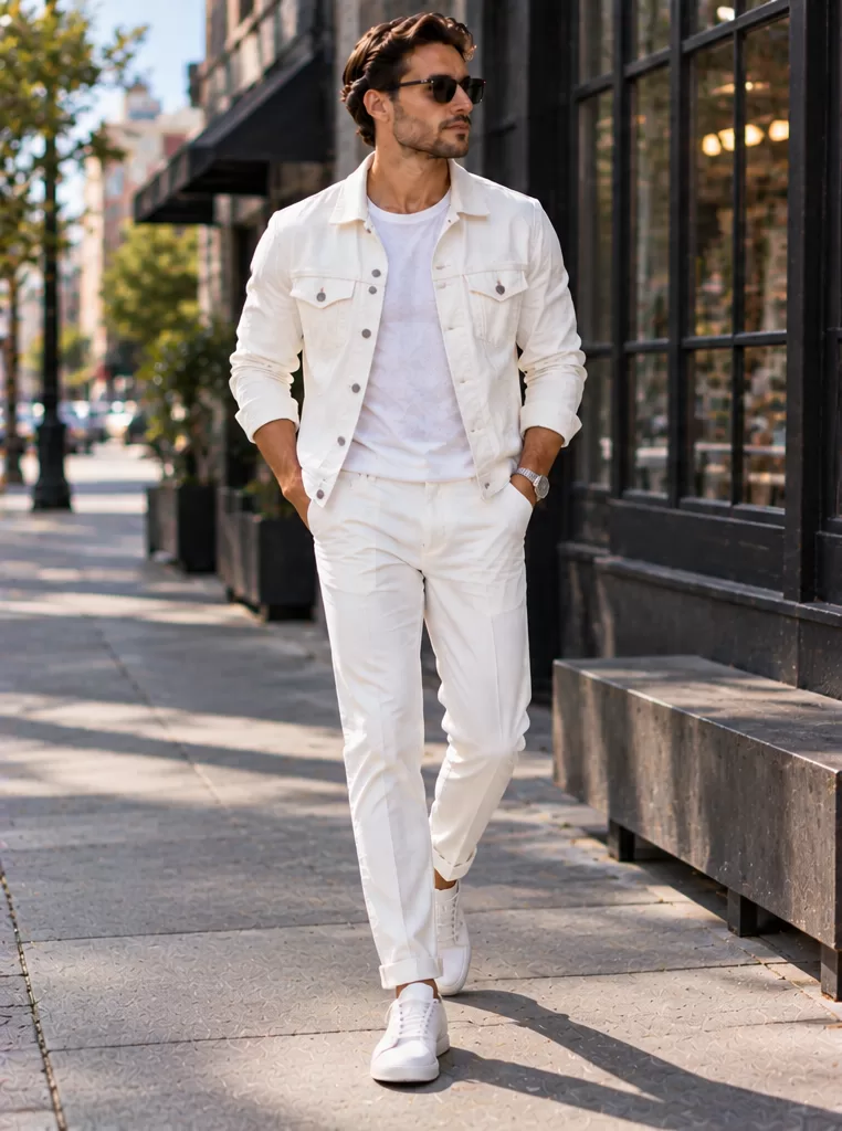White Denim Jacket + White T-Shirt + White Jeans + Sneakers