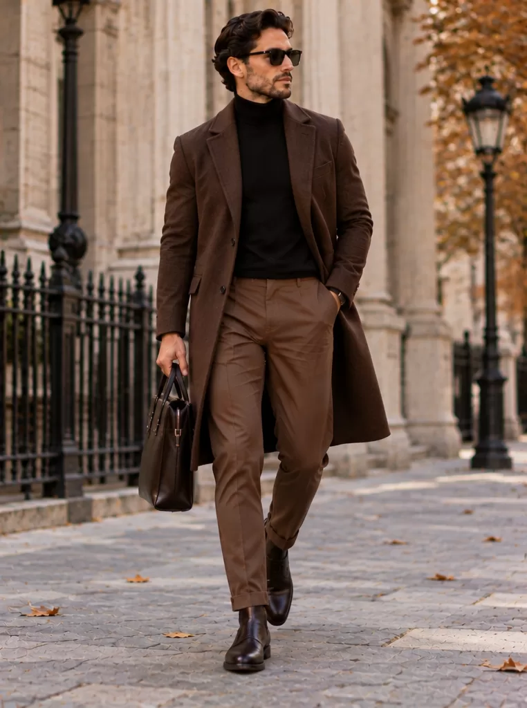 Brown Trousers + Turtleneck + Long Coat + Chelsea Boots